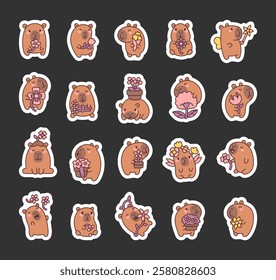 Charming capybara and flower set with adorable smiling characters holding plants and bouquets in kawaii cartoon style illustration for decoration and for yours design projects