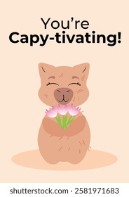 Charming capybara holding a flower with an uplifting message on a pastel pink background. Ideal for Women's Day, beauty-themed gifts, greeting cards, posters