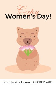 Charming capybara holding a flower with an uplifting message on a pastel pink background. Ideal for Women's Day, beauty-themed gifts, greeting cards, posters