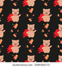 Charming capybara pattern with superhero vibes. Perfect for fabric, kids' clothing, wrapping paper, and creative backgrounds. A fun, energetic design with a bold contrast on a dark background