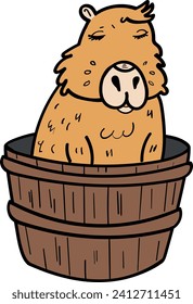 Charming Capybara Sitting in a Wooden Bucket Vector Illustration