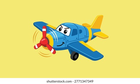 A charming cartoon airplane, rendered in bright blue and yellow, features a happy face and spinning propeller. This playful vector is perfect for chil