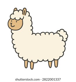 A charming cartoon alpaca with fluffy white fur and a simple friendly face isolated on a white background