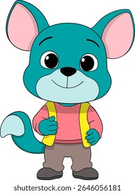 Charming cartoon animal character with big ears and teal fur, wearing a pink sweater, yellow vest, and brown pants