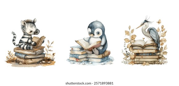 Charming Cartoon Animals Enjoying Reading Books. Diverse Creatures In Vibrant Clothes. Focused On Education And Learning, vector