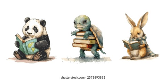 Charming Cartoon Animals Enjoying Reading Books. Diverse Creatures In Vibrant Clothes. Focused On Education And Learning, vector