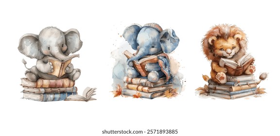 Charming Cartoon Animals Enjoying Reading Books. Diverse Creatures In Vibrant Clothes. Focused On Education And Learning, vector