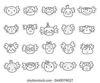 Charming cartoon axolotl face set created for and outline line art with cute animal friendly character head for yours illustration and creative designs projects