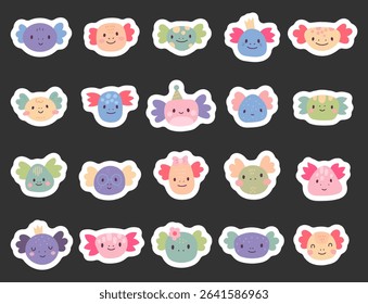 Charming cartoon axolotl face set created for and scandinavian style with cute animal friendly character head for yours illustration and creative designs projects