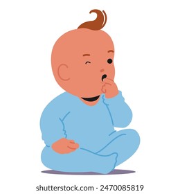 Charming Cartoon Baby With A Curly Hair Top, Dressed In A Comfortable Blue Onesie, Sitting In A Thoughtful Pose, Embodies Innocence And Curiosity, Vector Image For Children Books, Or Parenting Blogs