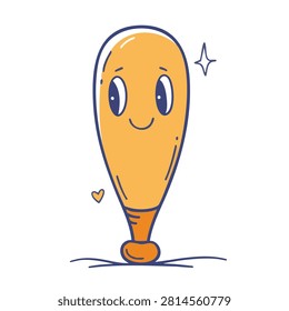 A charming cartoon baseball bat character featuring a friendly smiling face, vibrant colors, and simple doodle art style.