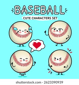 Charming cartoon baseball characters convey a range of emotions against a bright and clean background.