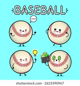 Charmosos personagens de beisebol de desenhos animados exibem emoções, ideias e aspectos financeiros em uma ilustração divertida.