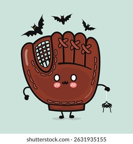 A charming cartoon Baseball Glove character, bats flying above, a spider in tow.