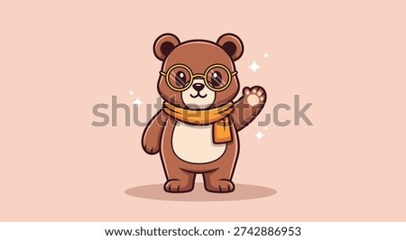 A charming cartoon bear, adorned with stylish glasses and a cozy scarf, waves a friendly hand, embodying a delightful animal fashion icon concept.