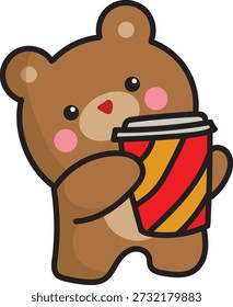 Charming cartoon bear character expressively clutching a colorful, striped beverage cup, a delightful illustration concept evoking warmth, happiness, and a comforting pause in a sweet, friendly style