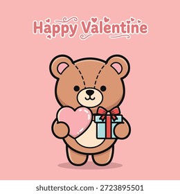 A charming cartoon bear holding a pink heart and a wrapped gift, perfect for Valentines Day greetings and illustrations.