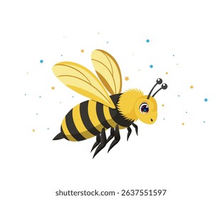 Charming cartoon bee illustration showing fuzzy body striped pattern and sweet smile flying in a sunny garden setting