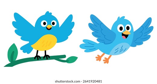 Charming Cartoon Bird on Branch with Vibrant Colors and White Background