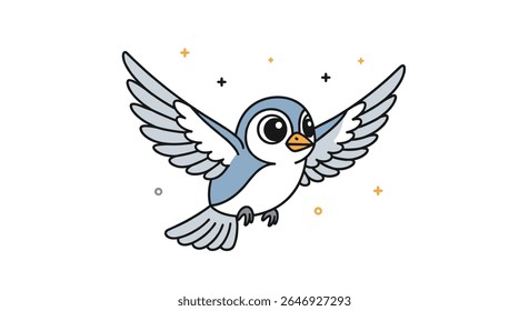 Charming cartoon bird with outstretched wings in flight with decorative elements suggesting a whimsical atmosphere