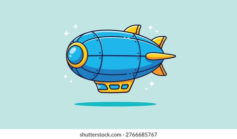 A charming cartoon blimp, rendered in a delightful style, soars gracefully through the clear blue sky, evoking a sense of wonder and adventure.
