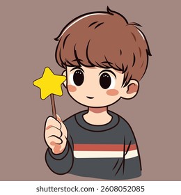 A charming cartoon boy holding a yellow star wand with big sparkling eyes and soft brown hair. 