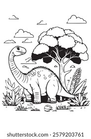 A charming cartoon brontosaurus standing under a large tree in a prehistoric jungle. Perfect for kids' coloring books, educational resources, and dinosaur-themed party decorations.