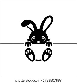  charming cartoon bunny peeking from behind a white surface with a black line. The bunny is depicted in black and white, showcasing its cute face, long ears, and paws. The illustration is simple yet delightful, making it perfect for various design applications, such as Easter or spring-themed projects. The image exudes a sense of joy, happiness, and friendliness, making it an attractive addition to any visual content