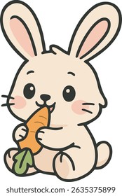 A charming cartoon bunny rabbit eating a green leaf, great for spring themes and baby animal illustrations.