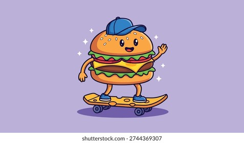 A charming cartoon burger character, complete with a blue cap, happily rides a skateboard, exuding a fun and playful vibe.
