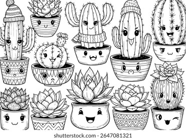 Charmoso cactos e suculentos Uma coleção em preto e branco de plantas adoráveis em vaso com rostos expressivos Ideal para amantes da natureza e entusiastas bonito da arte vegetal