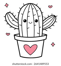 A charming cartoon cactus features a smiling face inside a heart decorated pot, surrounded by pink hearts and rhombuses, set against a clean white background.