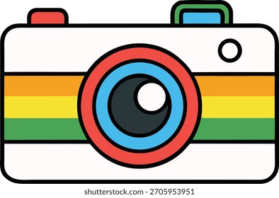 Uma ilustração encantadora de câmera de desenho animado com um design retro delicioso com listras vermelhas, amarelas e verdes vibrantes. Perfeito para projetos criativos, aplicativos e sites.
