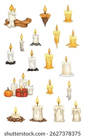 Charming cartoon candles vector set. Perfect for cozy designs, holidays, and decorative projects. Brighten your visuals with these delightful elements!