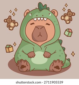 Eine charmante, Cartoon capybara sitzen und tragen eine volle grüne Dinosaurier Kostüm in EPS-Datei