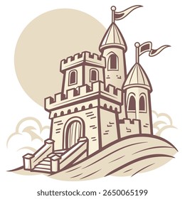 A charming cartoon castle sits atop a hill, under a large, pale sun.