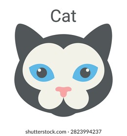 A charming cartoon cat face with big blue eyes and a pink nose looking cute and sweet