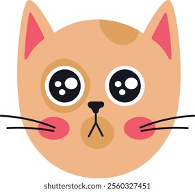 Charming cartoon cat face featuring large, expressive eyes, rosy pink cheeks, and delicate whiskers, creating an irresistibly adorable and heartwarming image perfect for various designs