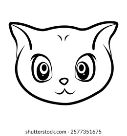 A charming cartoon cat face with large, expressive eyes and a cheerful smile, perfect for coloring pages and kawaii-themed projects.