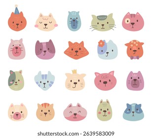 Charming cartoon cat face set created for and scandinavian style with cute animal friendly character head for yours illustration and creative designs projects