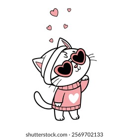 A charming cartoon cat wearing a warm pink sweater with a white heart, a white hat, and heart-shaped sunglasses.