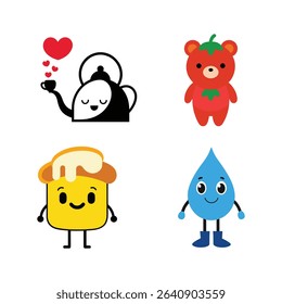 Charming Cartoon Character Collection Featuring a Teapot, Tomato Bear, Bread, and Water Droplet with Expressive Features