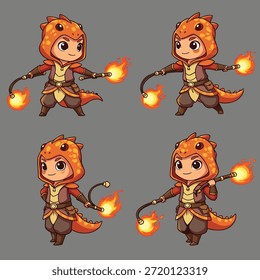 Un encantador personaje de dibujos animados vestido con un traje de dinosaurio naranja, empuñando dos látigos ardientes, representados en varias poses.