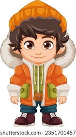 A charming cartoon character dressed for winter in a puffer jacket, beanie hat, and boots