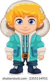 A charming cartoon character dressed for winter in a puffer jacket, beanie hat, and boots