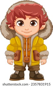 A charming cartoon character dressed for winter in a puffer jacket, beanie hat, and boots