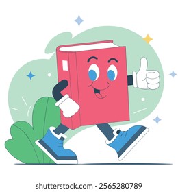 Charming cartoon character illustration featuring a purple hardcover book. Ideal for children's books, educational materials, websites, and marketing campaigns related to reading,