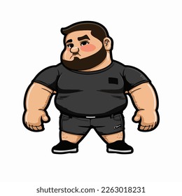 Charming cartoon character illustration of a short, plump man with a beard, wearing a black t-shirt and shorts. Versatile graphic for avatars, mascots, icons, or diverse design projects.