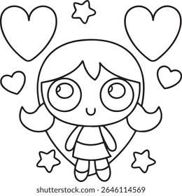 Charmoso Personagem de Desenho Animado Cercado por Corações e Estrelas Uma Caprichosa Ilustração em Preto e Branco de uma Doce Menina com um Ambiente Divertido e Amoroso