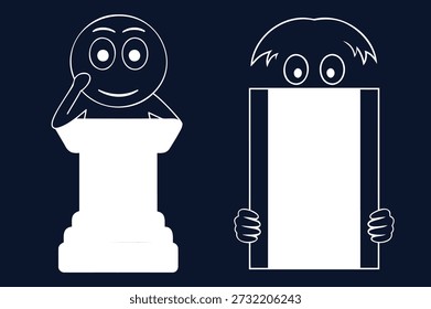 Charming cartoon characters presenting blank spaces for text or design, ideal for creative projects and playful branding concepts.